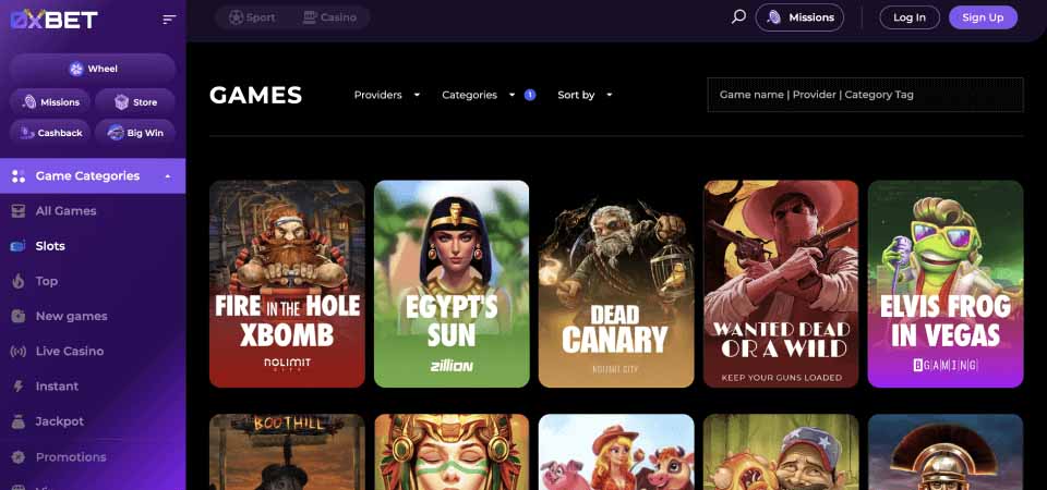 0xBet Online Casino Interface